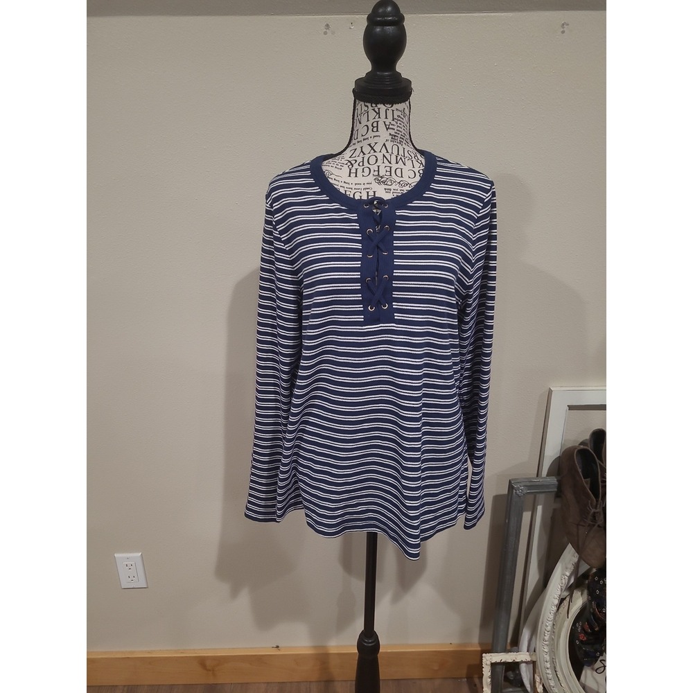 Land's End Nautical Coastal navy white striped long sleeve pullover Women‎ SZ L